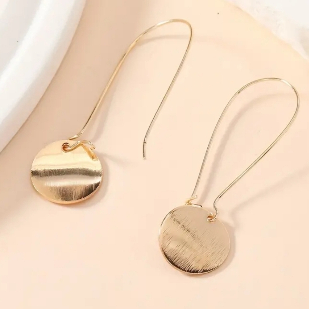 Brushed Gold Glossy Disc Drop Hook Earrings - Picture 5 of 9